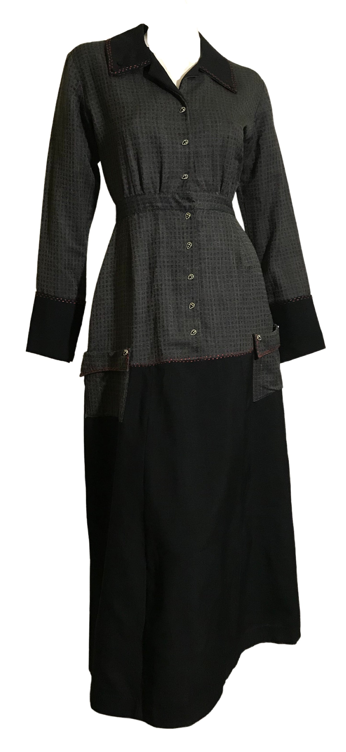 Black and Grey Wool Edwardian Dress with Red Accents Porcelain Buttons circa 1910s