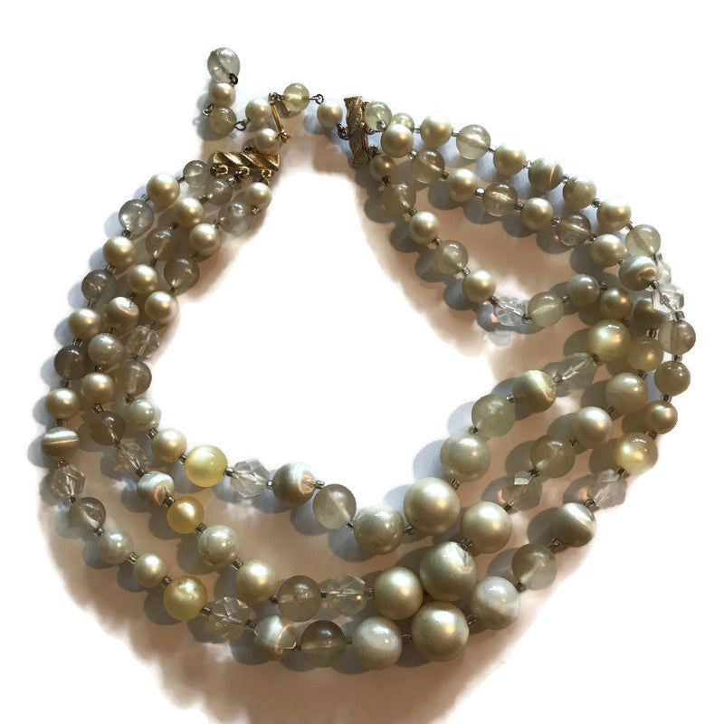 Chunky Triple Strand Crystals and Faux Pearl Beaded Necklace circa 1960s