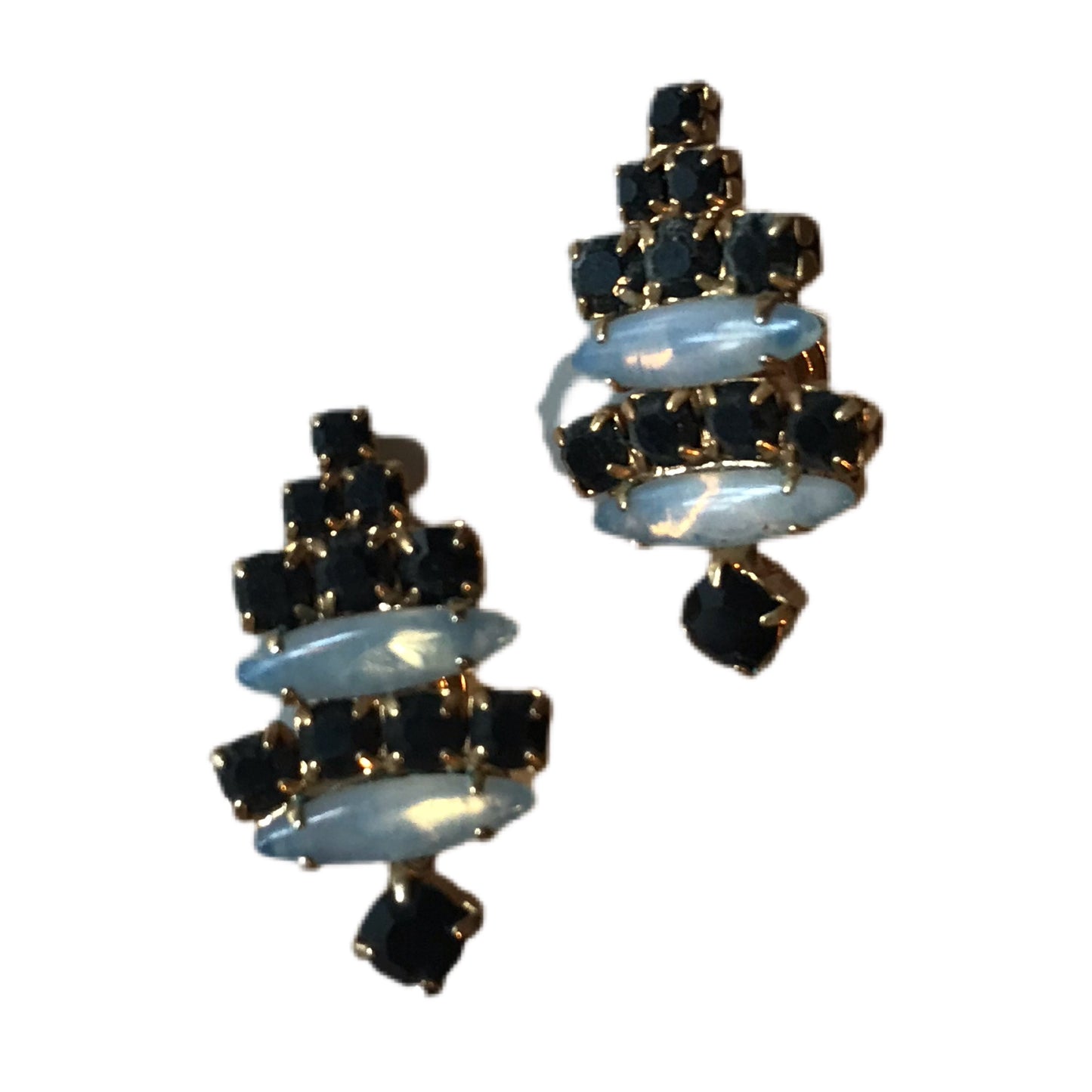 Black and White Tree Shaped Crystal Clip Earrings circa 1960s