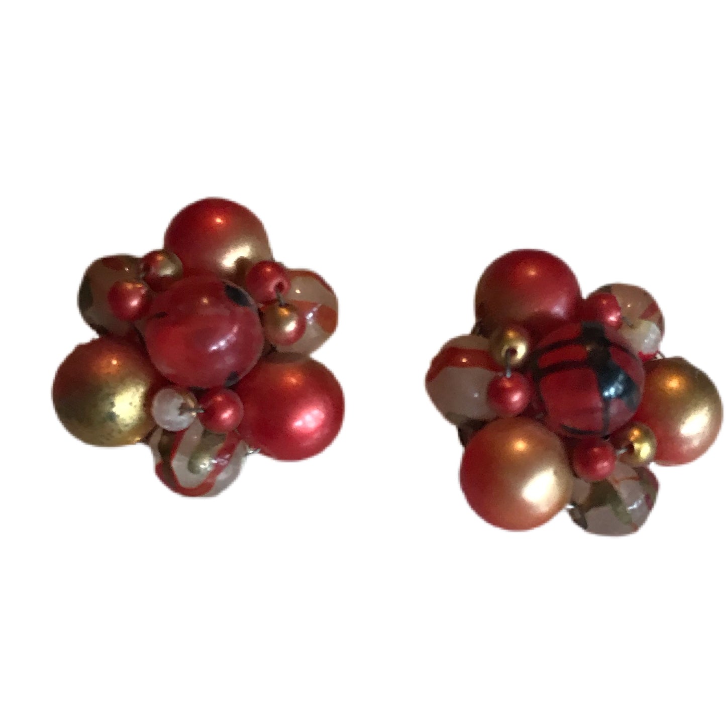 Red Plastic Bead Cluster Clip Earrings circa 1960s