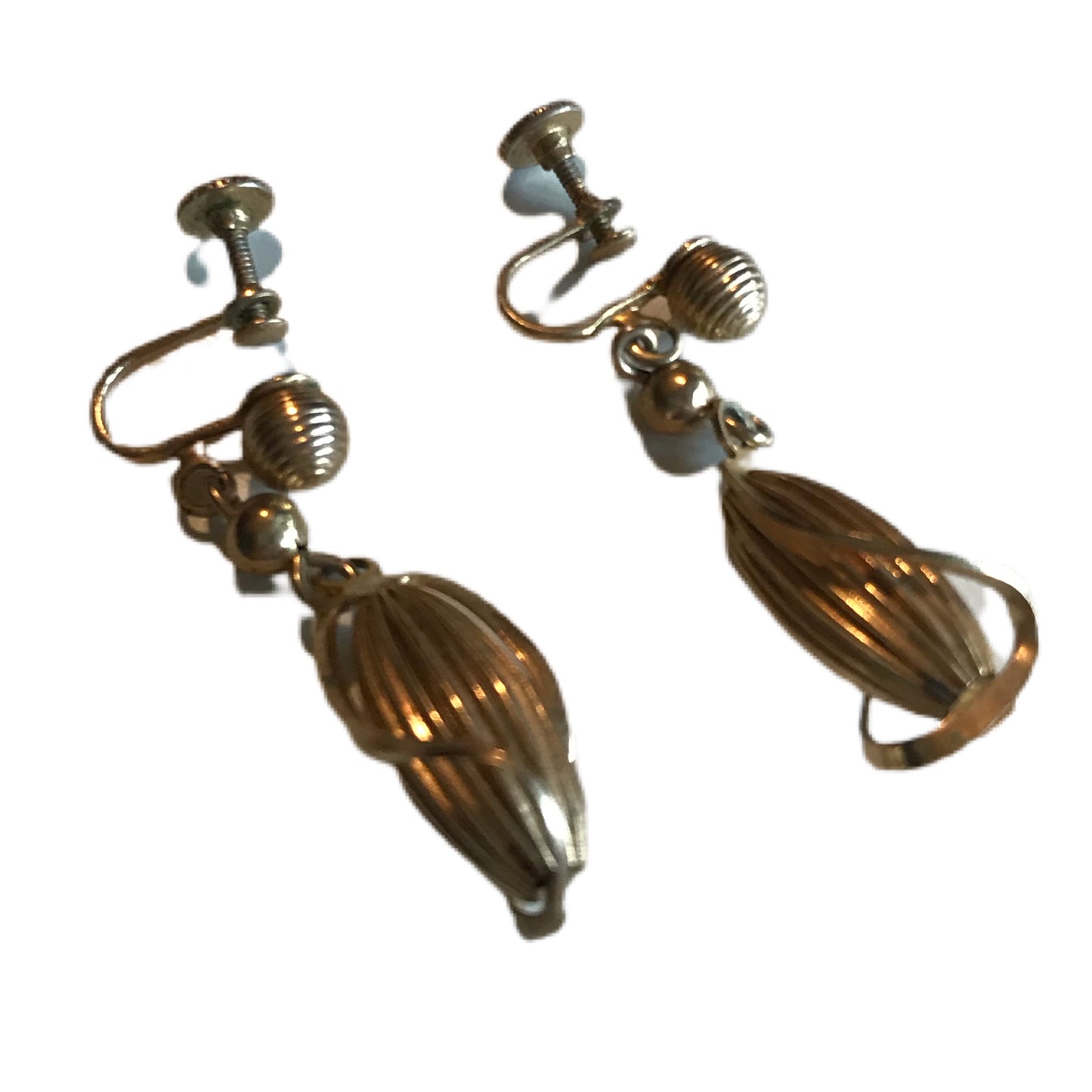 Gold Tone Oblong Caged Dangles Screw Back Clip Earrings circa 1940s