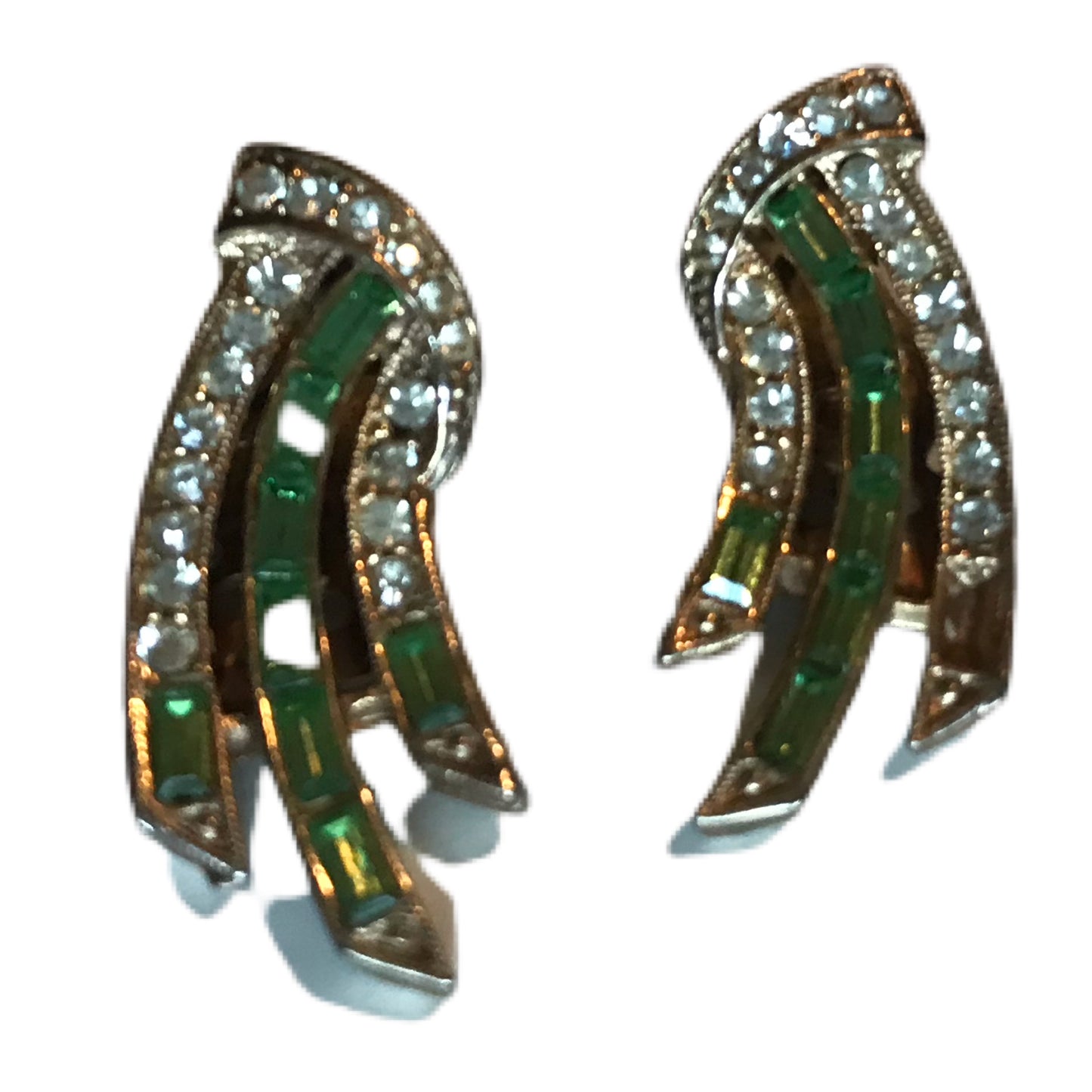 Citrine Green Bezel Set Rhinestone and Crystal Clip Earrings circa 1960s