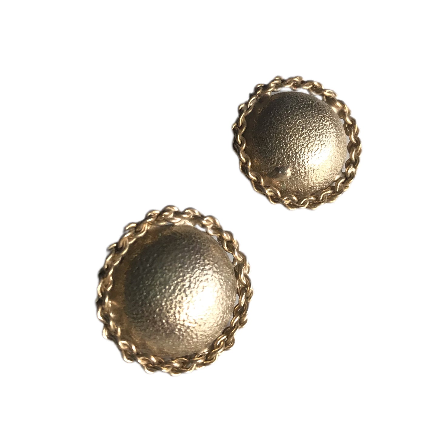 Hammered Gold Painted Dome Clip Earrings with Chain Edge circa 1960s