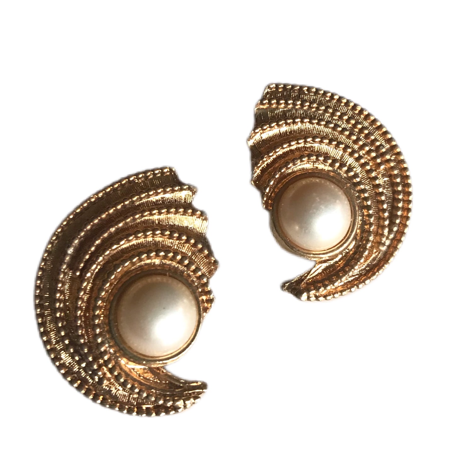 Faux Pearl and Swirled Gold Tone Metal Clip Earrings circa 1960s
