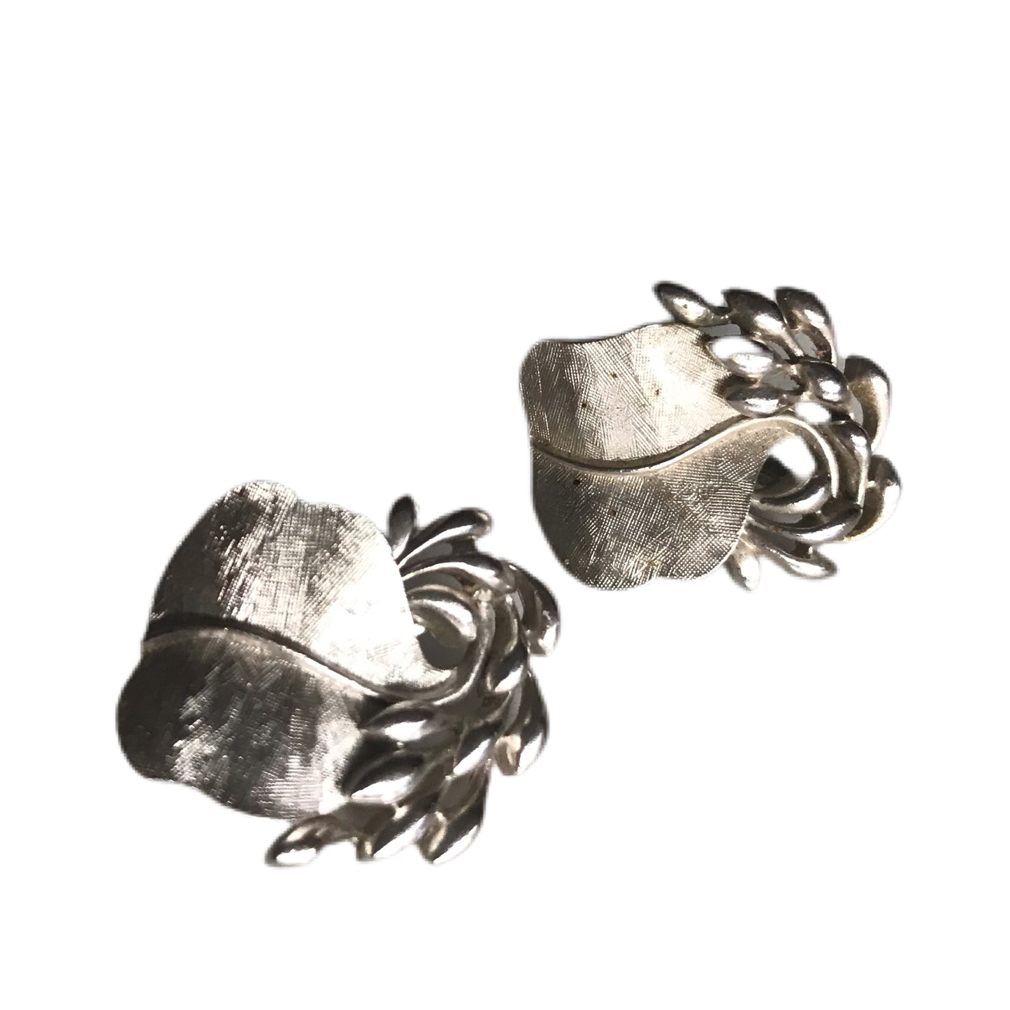 Silver Tone Metal Leafy Clip Earrings circa 1960s