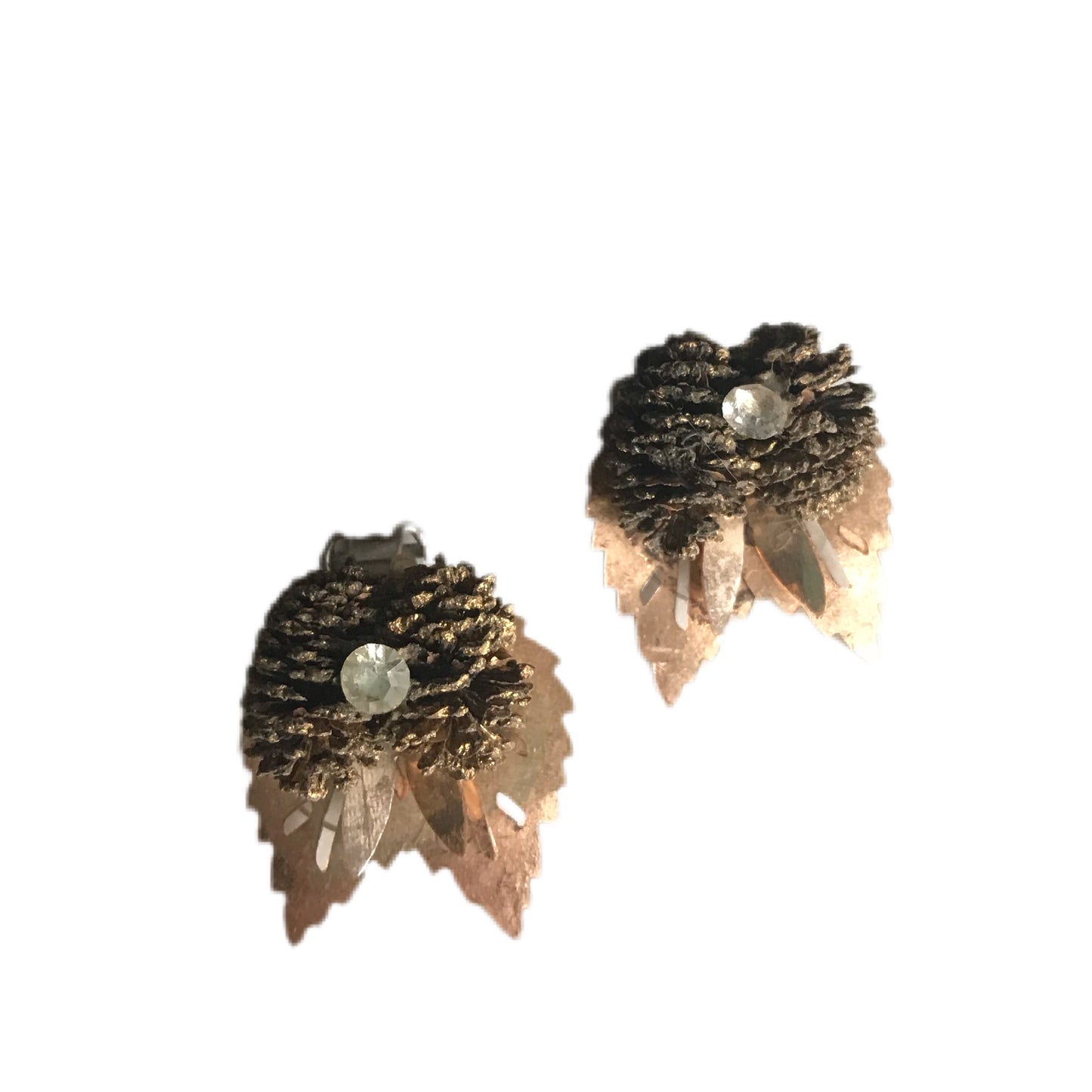 Leaves And Pinecones Rhinestone Dotted Clip Earrings circa 1960s