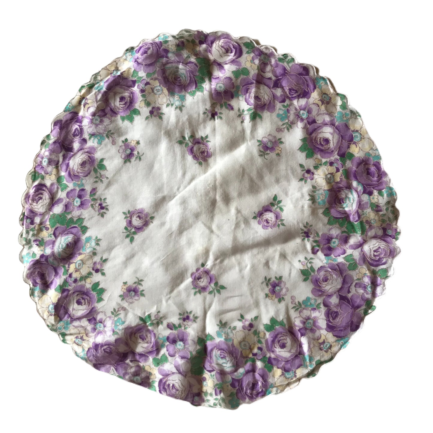 Round Purple Rose Print Print Voile Handkerchief circa 1940s