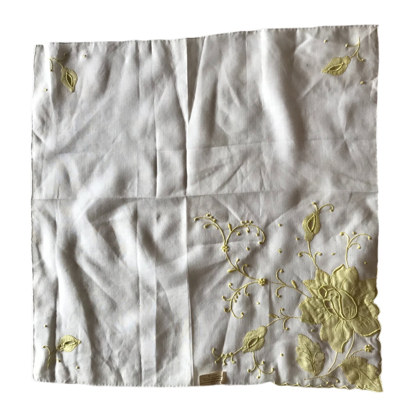 White Handkerchief with Cutwork Yellow Flowers and Embroidery circa 1940s