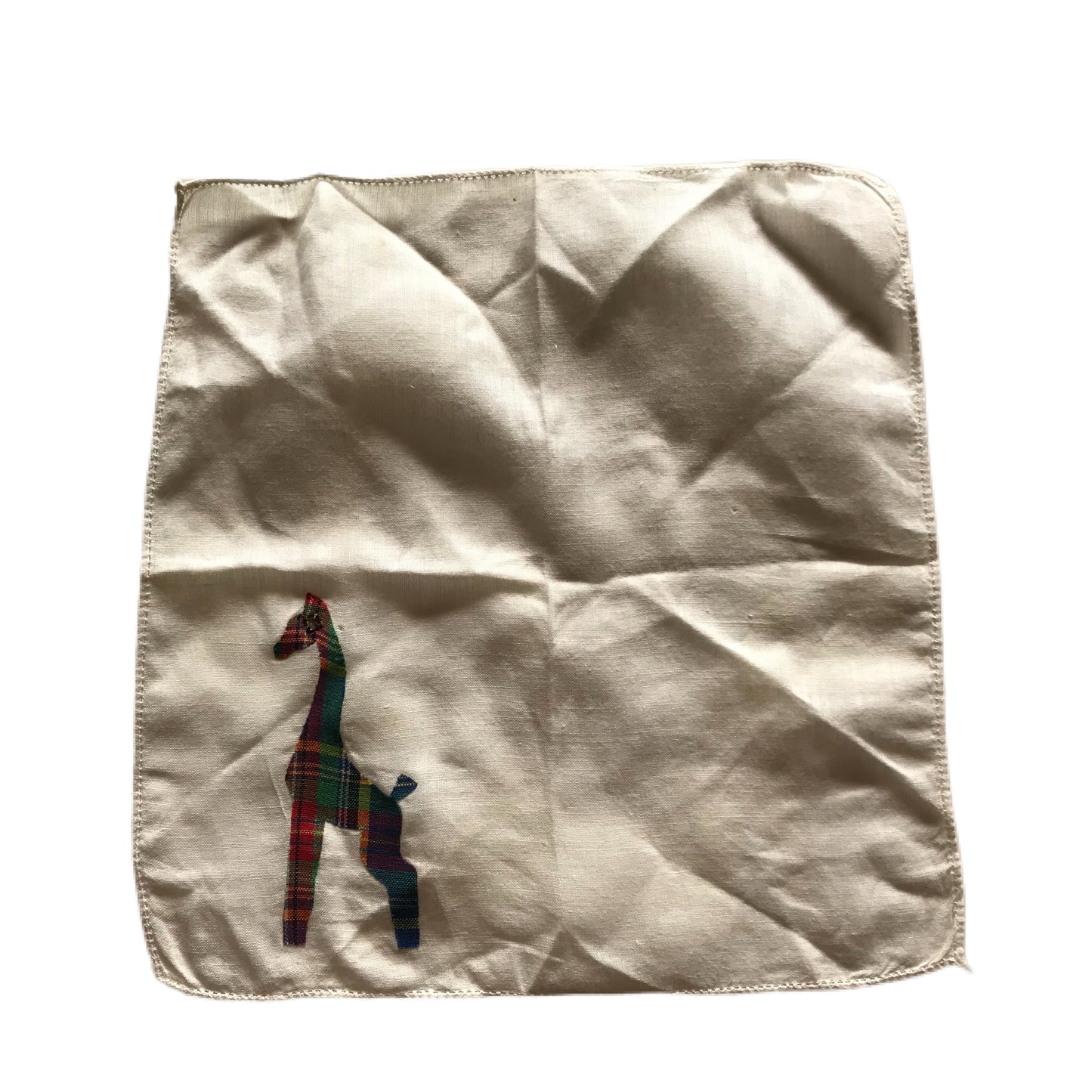 White Voile Cotton Handkerchief with Plaid Giraffe Rhinestone Eye circa 1930s