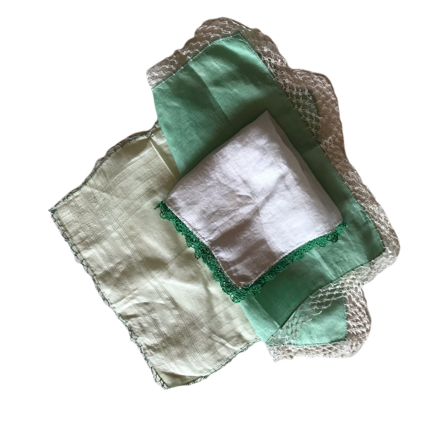 Set of 3 Green Tatted Edge Handkerchiefs circa 1940s
