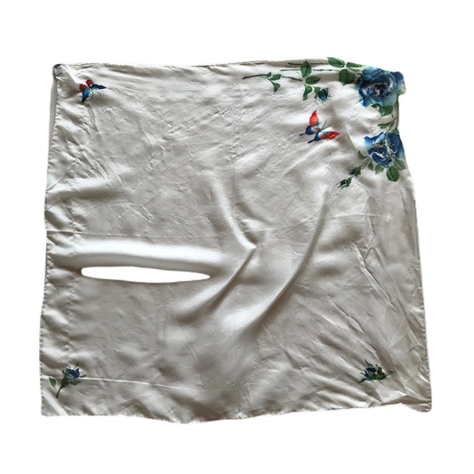 Butterflies and Roses Hand Painted Silk Handkerchief circa 1940s