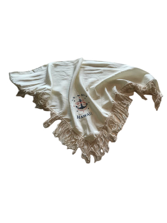 WWII Fringed Asymetrical White Rayon US Navy Scarf circa 1940s