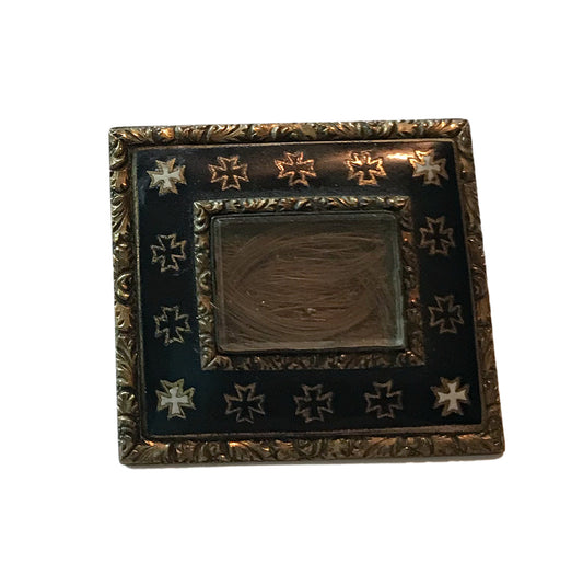 Maltese Cross Frame Black Enameled Gold Rolled Mourning Brooch with Hair Coil circa 1800s