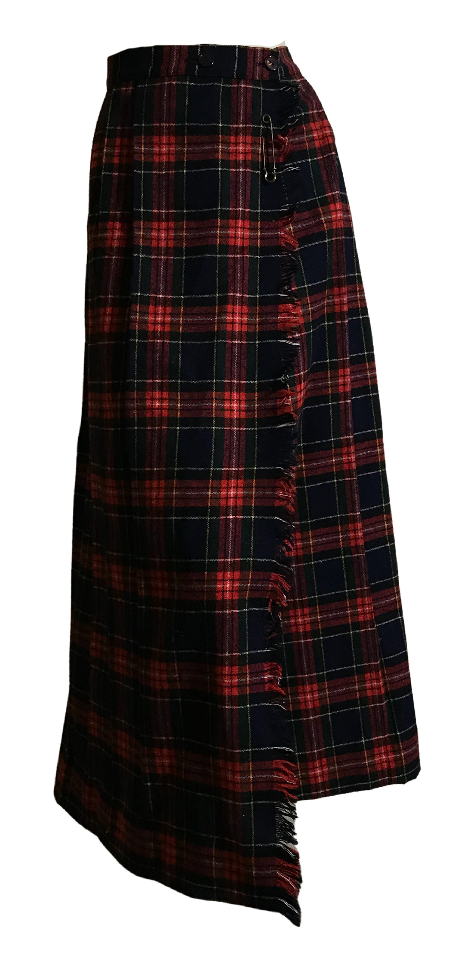 Pin Front Kilt Style Slit to Waist Red Plaid Wool Maxi Skirt circa 1970s