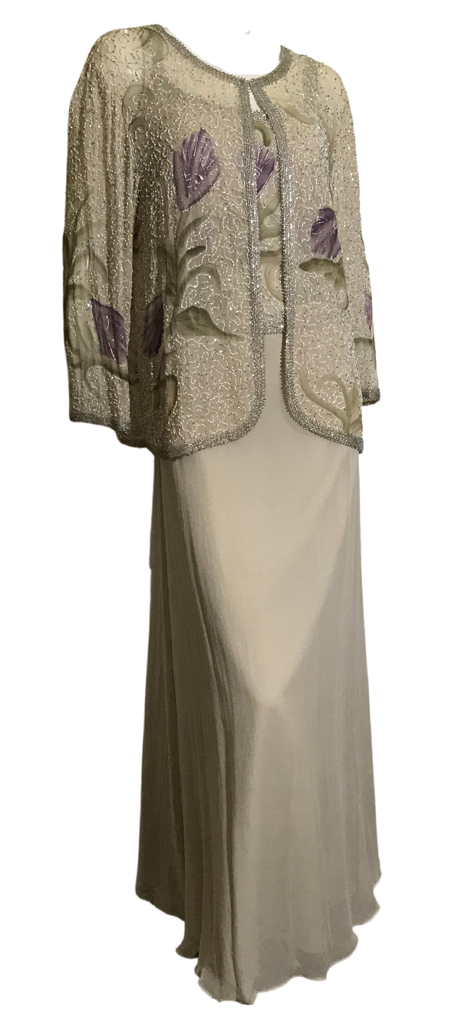 1930s Style Creme Colored Silk Dress and Jacket Hand Painted and Beaded circa 1990s