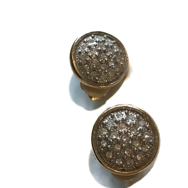 Gold & Silver Tone Metal Round Rhinestone Clip Earrings circa 1960s