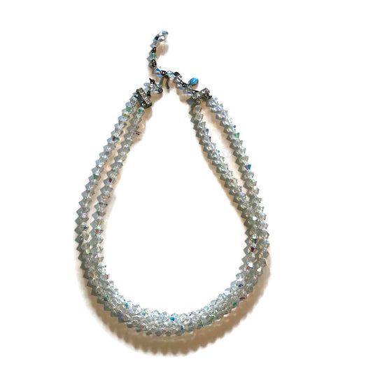 Rainbow Crystal Double Strand Necklace with Virgin Mary Charm circa 1950s