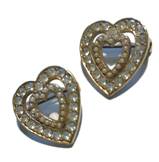 Two of Hearts Rhinestones and Faux Pearls Gold Tone Metal Heart Brooches circa 1960s