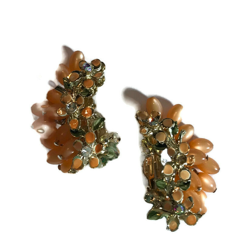 Shimmering Peach and Gold Tone Metal Beaded Ear Climber Clip Earrings circa 1960s