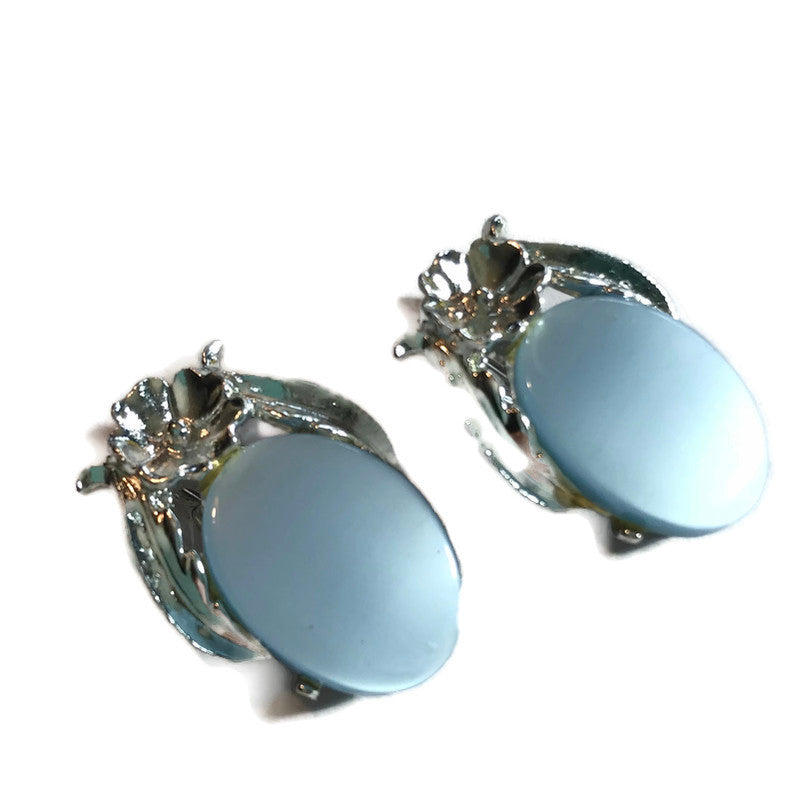 Thermoset Plastic Baby Blue and Silver Clip Earrings circa 1960s
