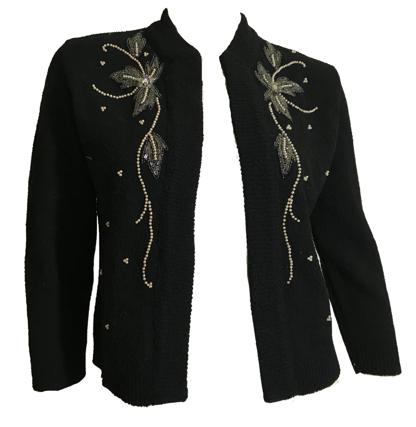 Black Knit Open Front Beaded Cardigan with Rhinestones circa 1940s