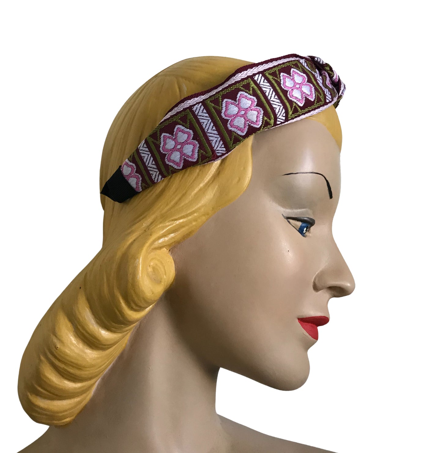 Folkloric Collection Embroidered Ribbon Headband Pink and Chartreuse