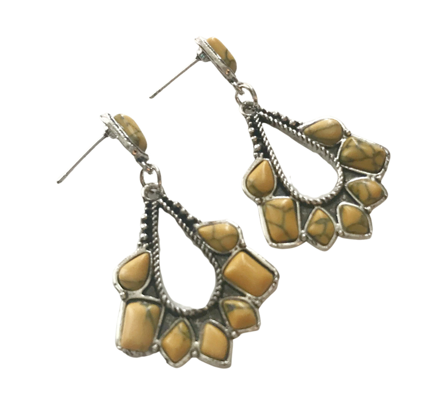 1940s Style Collection Southwestern Silver Tone Pierced Dangle Earrings Yellow Stones