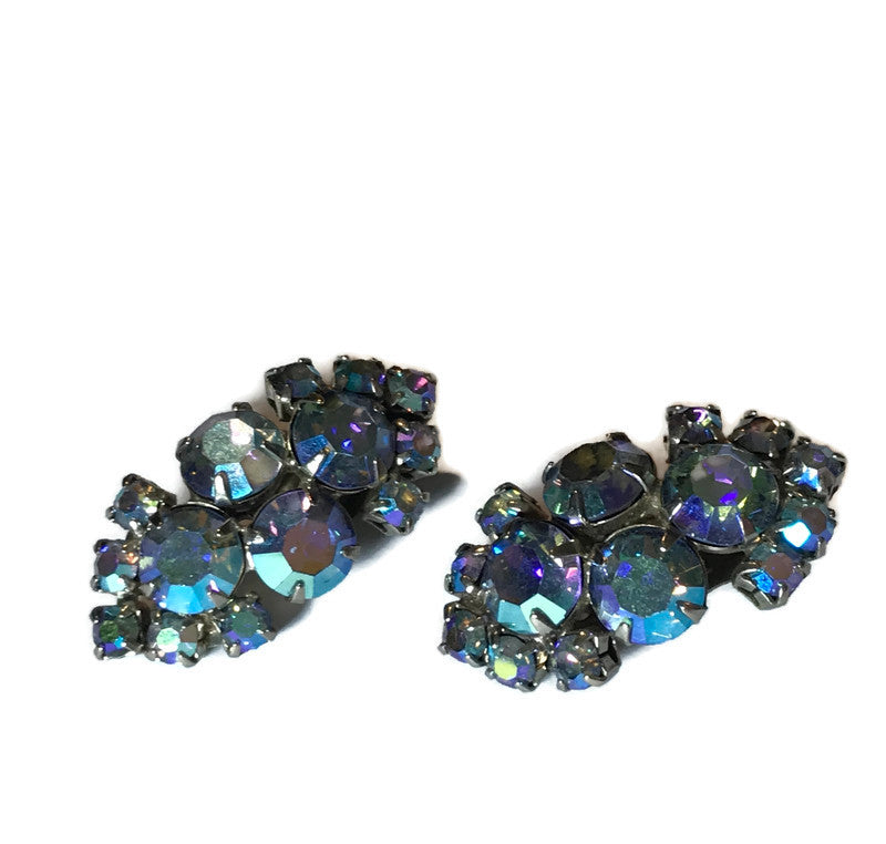 Aurora Borealis Blue Crystal Clip Earrings circa 1960s