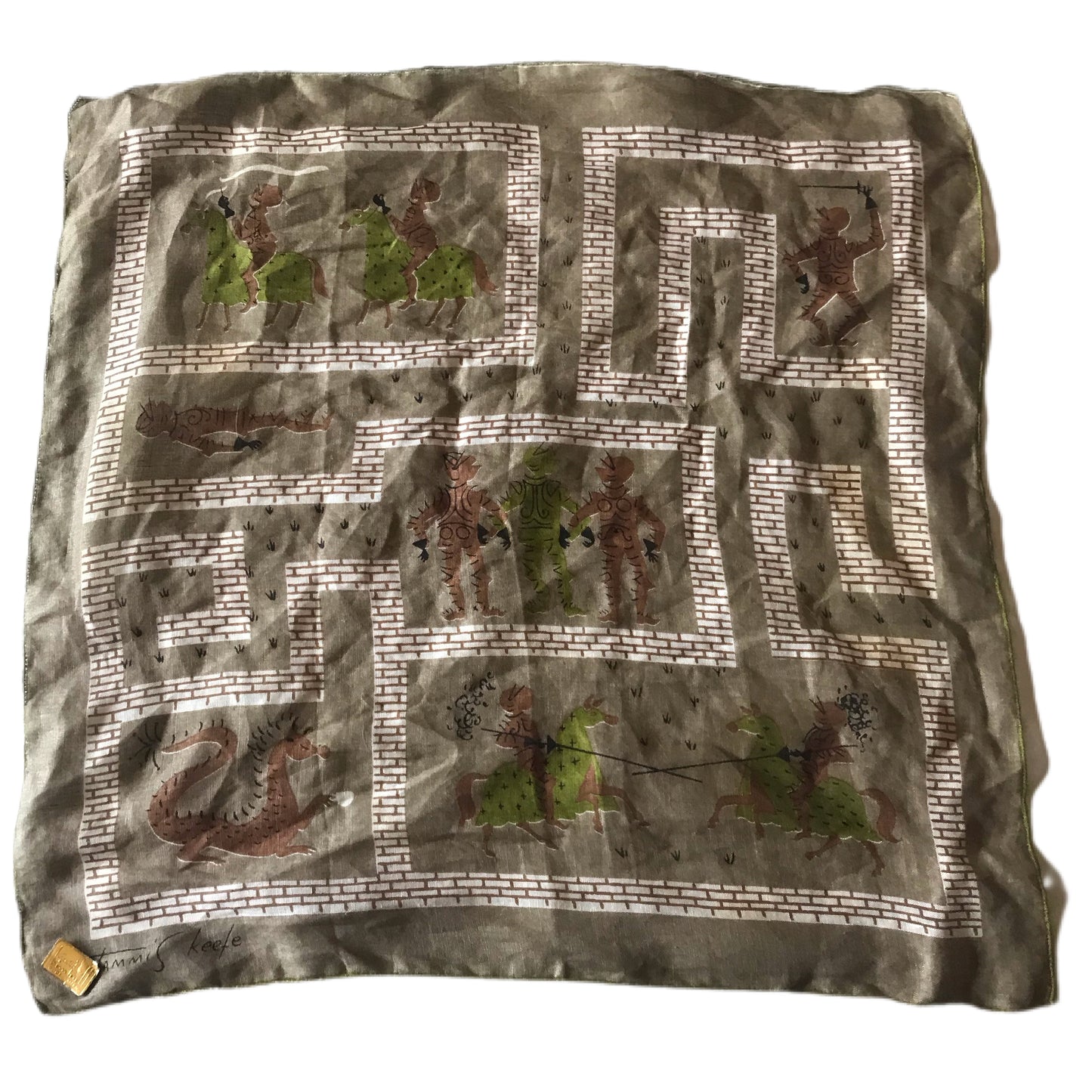 Medieval Knights and Dragons D&D Themed Tammis Keefe Handkerchief circa 1960s