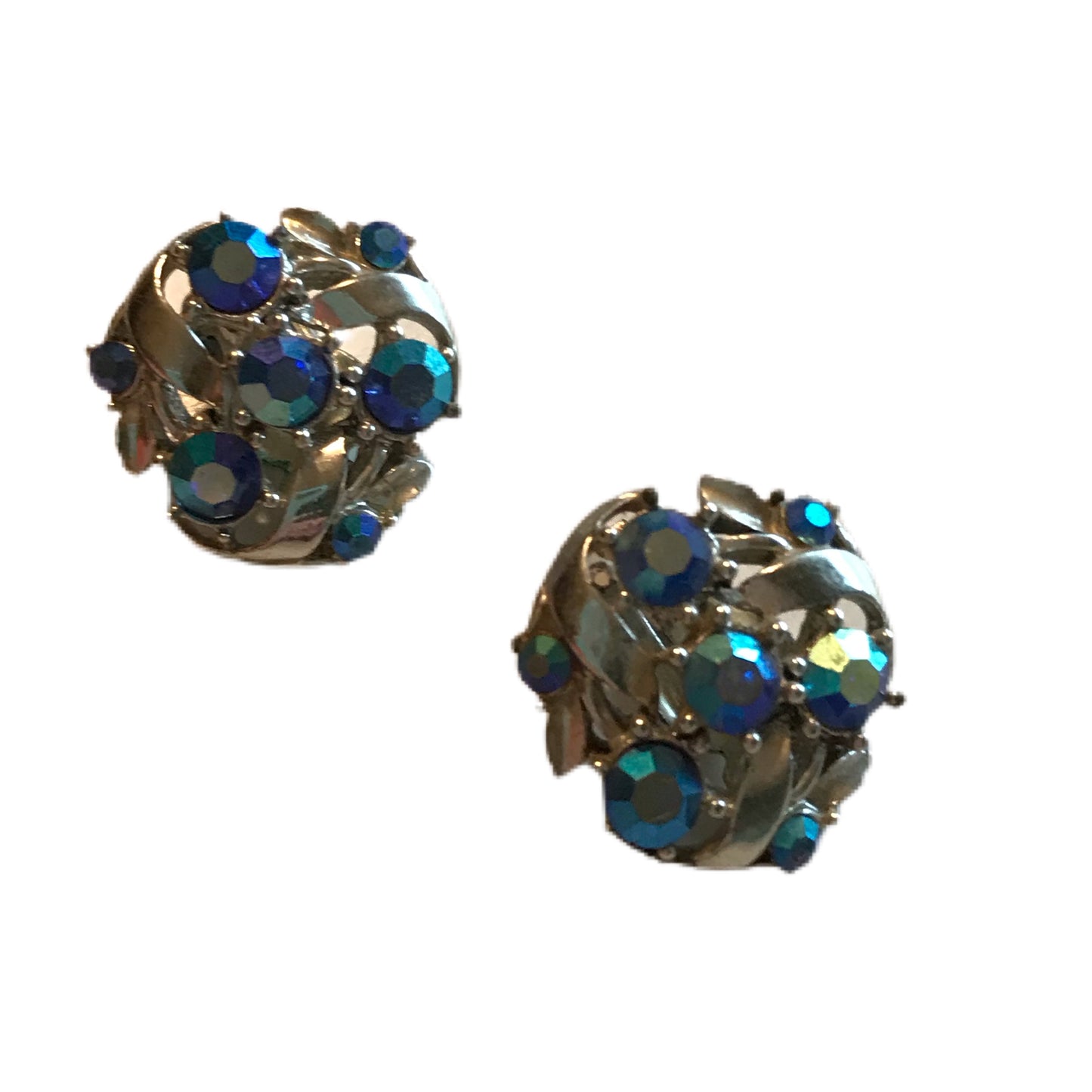 Aqua Rhinestone Silver Tone Clip Earrings circa 1960s
