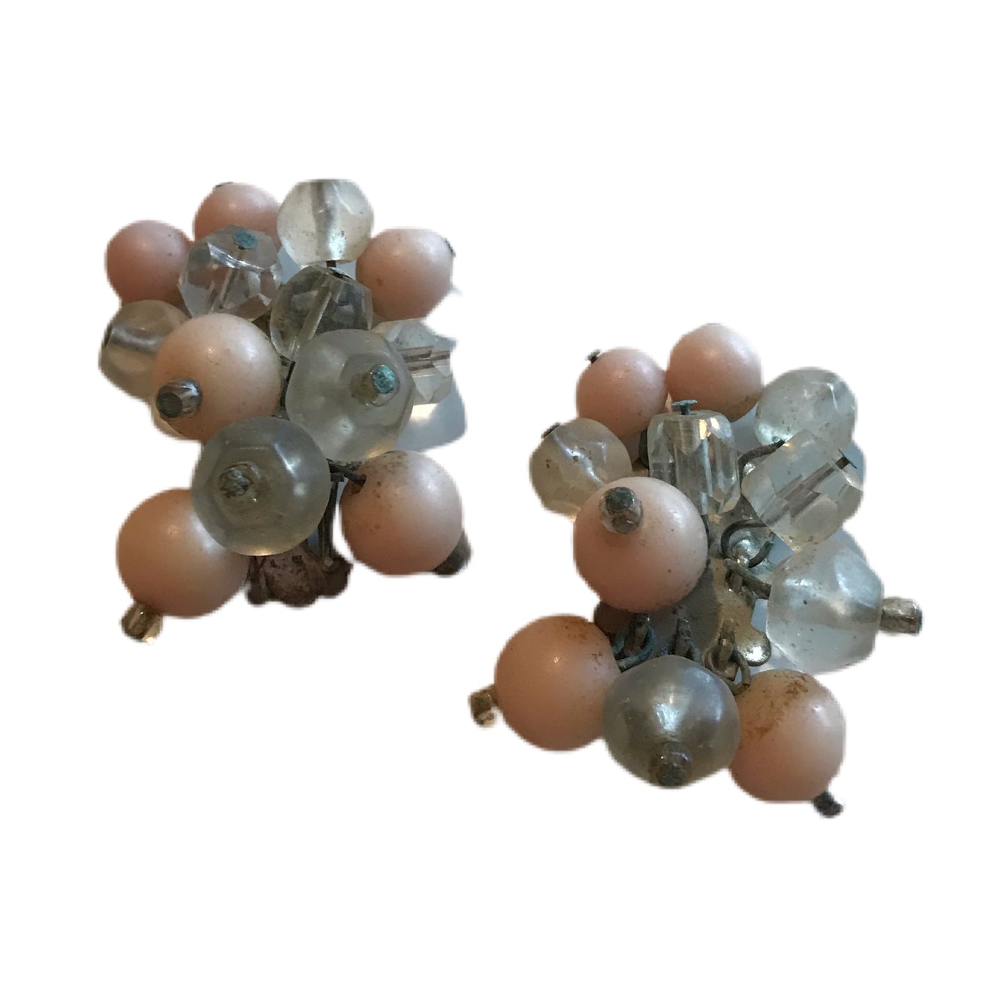Pink and Clear Bead Cluster Clip Earrings circa 1960s