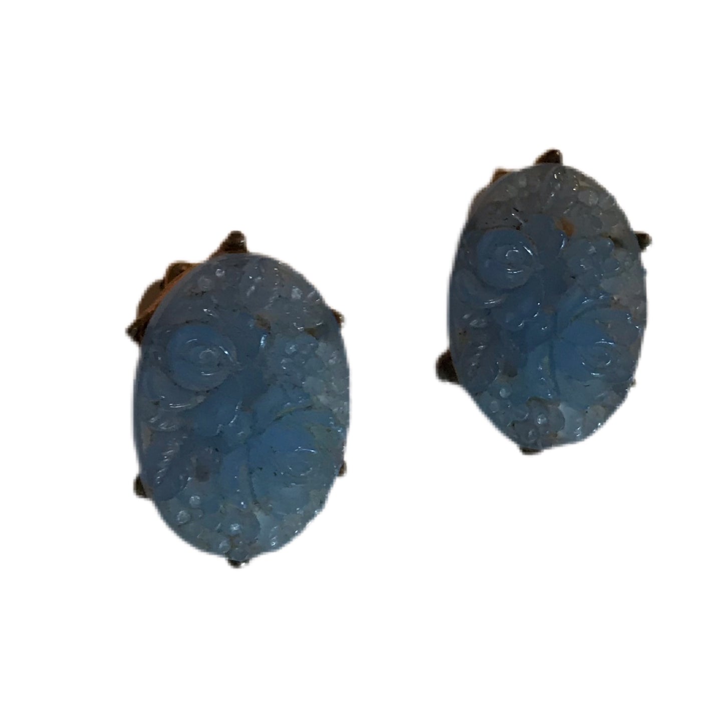 Carved Blue Floral Plastic Clip Earrings circa 1960s