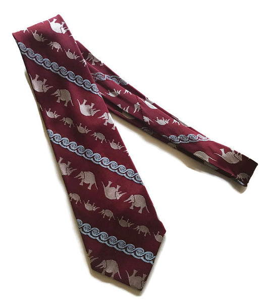 Elephants! Wide Burgundy and Blue Poly Mens Tie circa 1970s