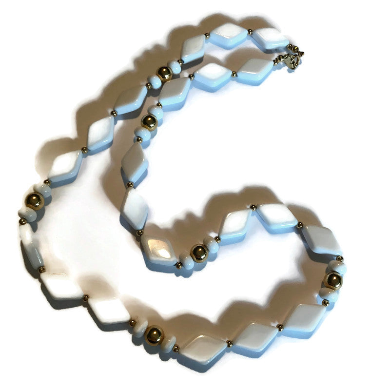 White Plastic Halequin Shaped Beaded Necklace circa 1980s