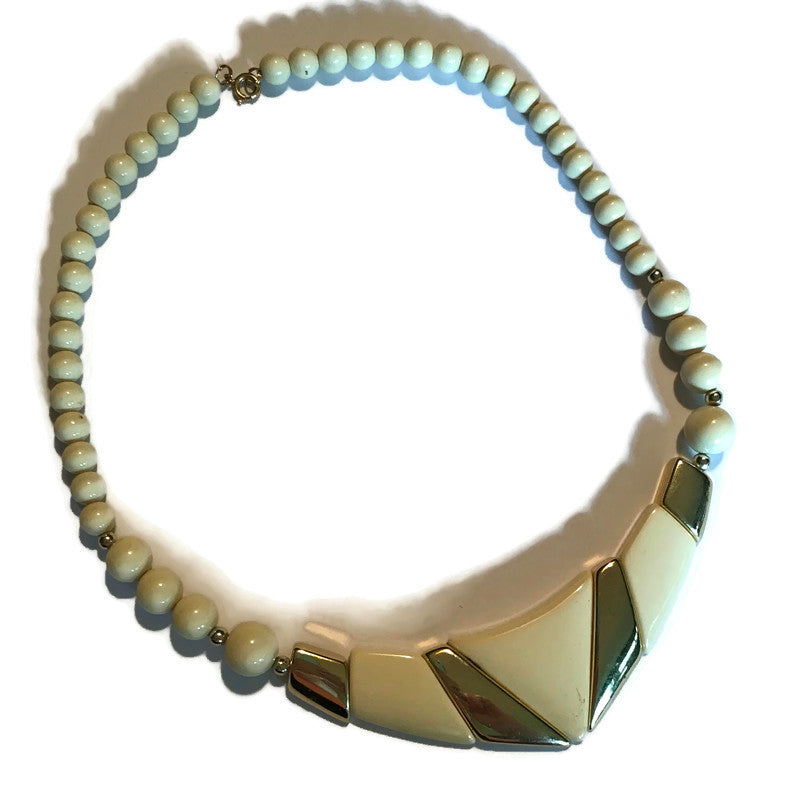 Geometric Ivory Plastic Beaded Necklace circa 1980s