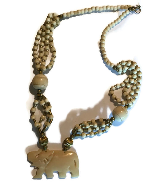 Elephant Pendant Ivory Marble Beaded Necklace circa 1980s