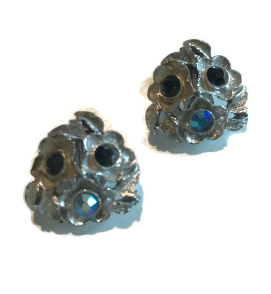 Smokey Blue and Silver Tone Metal Flower Earrings circa 1960s