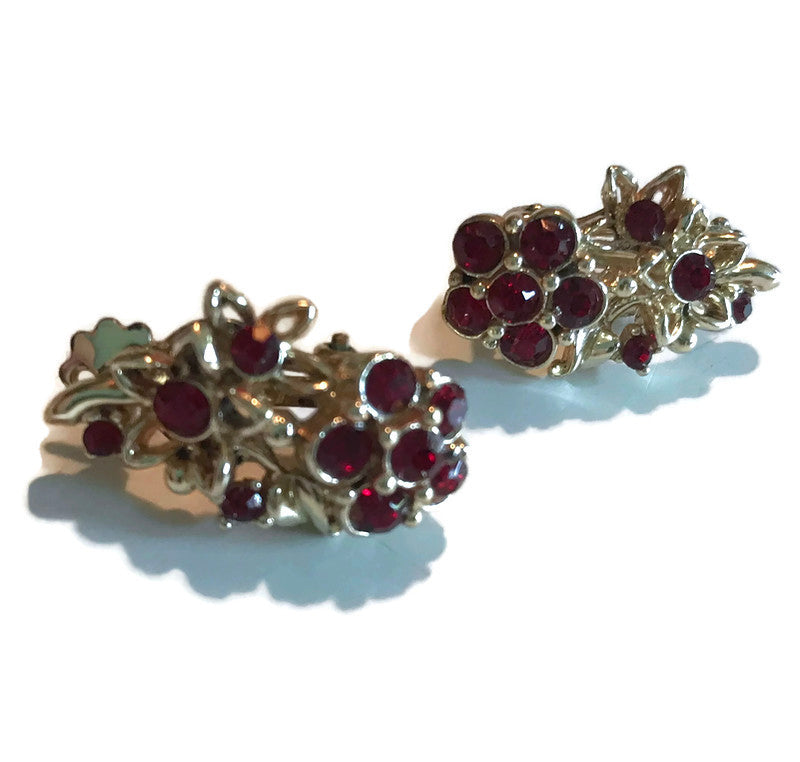 Ruby Red Rhinestone Flower Clip Earrings circa 1950s