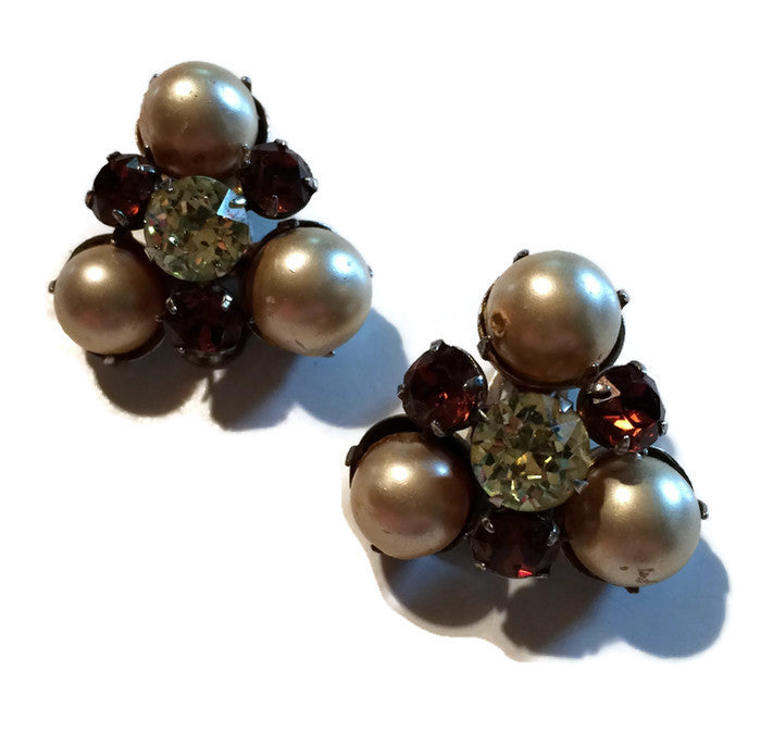 Glam Amber Colored Rhinestone and Faux Pearl Clip Earrings circa 1960s