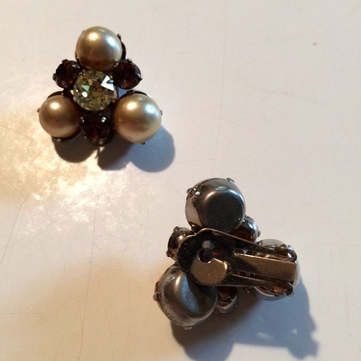 Glam Amber Colored Rhinestone and Faux Pearl Clip Earrings circa 1960s