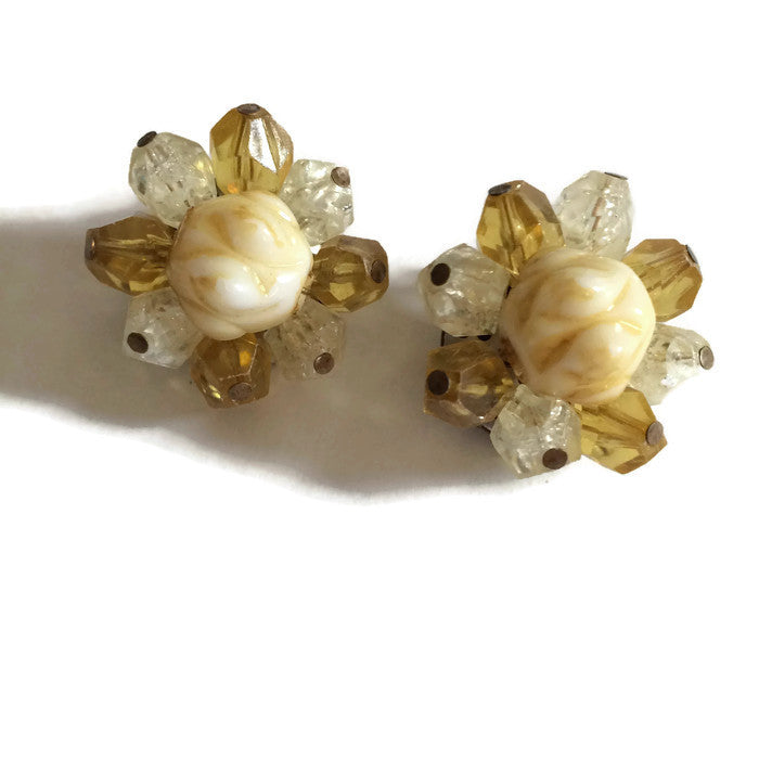 Yellow Crystal Shaped Beaded Button Clip Earrings circa 1960s