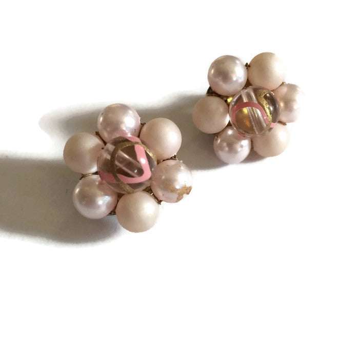 Pink Art Glass and Faux Pearl Beaded Button Clip Earrings circa 1960s