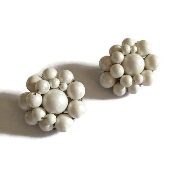 White Beaded Button Clip Earrings circa 1960s