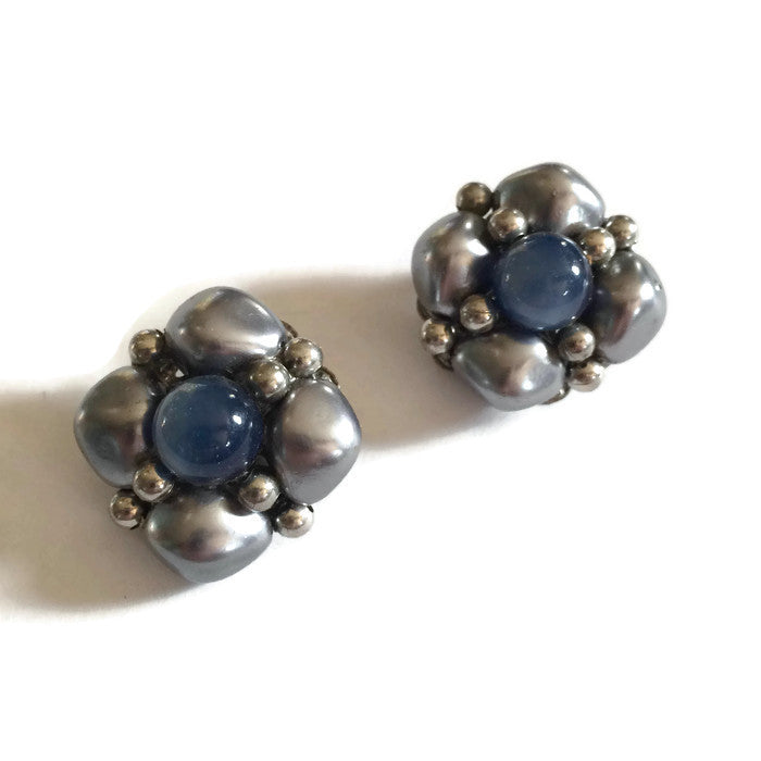 Blue and Silver Beaded Button Clip Earrings circa 1960s