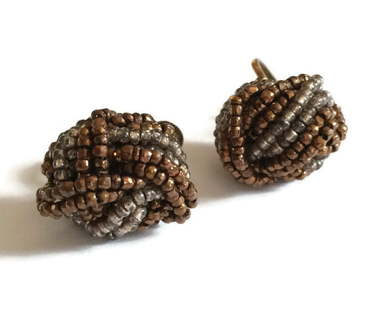 Silver and Copper Metallic Bead Knot Clip Earrings circa 1940s