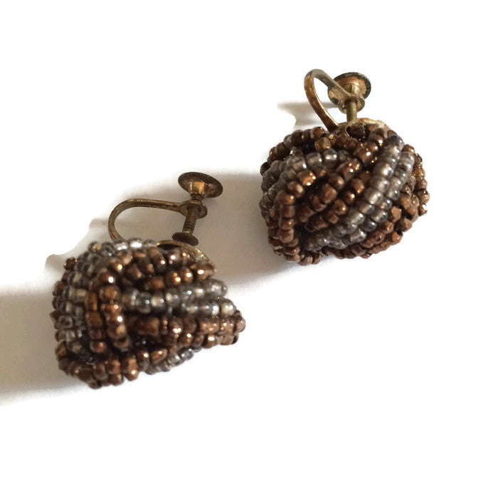 Silver and Copper Metallic Bead Knot Clip Earrings circa 1940s