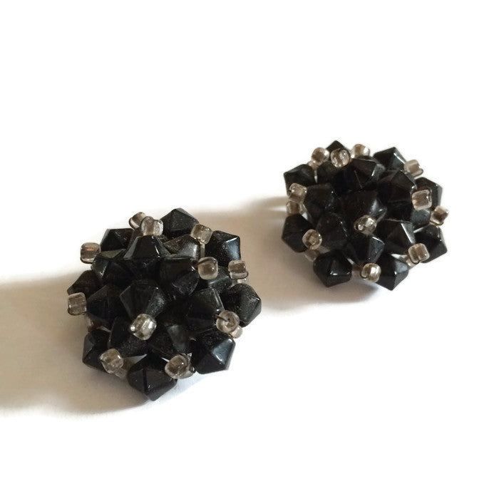 Black and Clear Abstract Beaded Clip Earrings circa 1960s