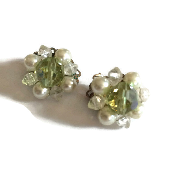 Weiss Crystal Center Faux Pearl Cluster Earrings circa 1960s