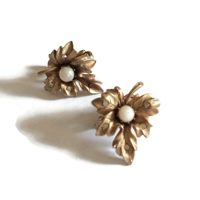 Rhinestone Studded Pierced Golden Leaf Earrings circa 1950s