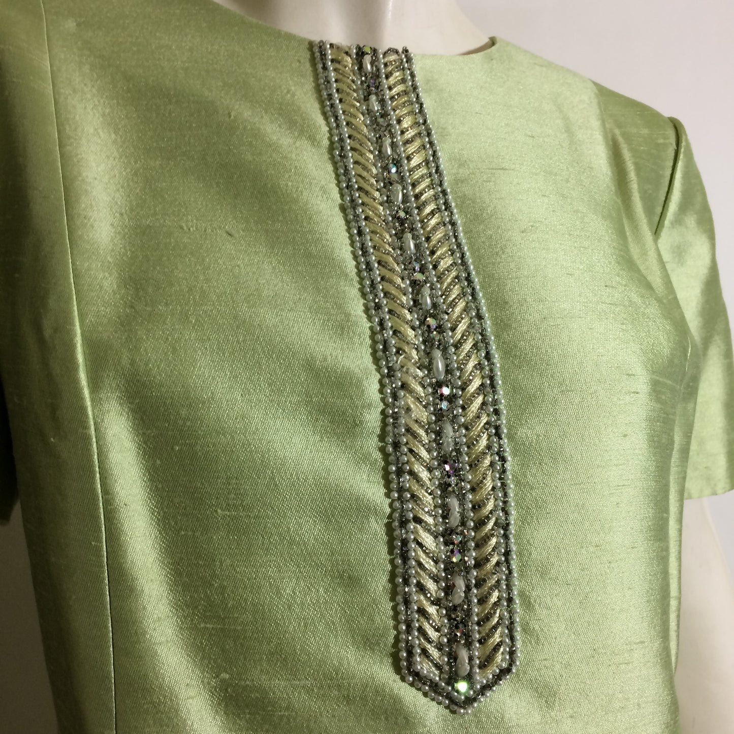 Pistachio Green Slubbed Silk Dress and Jacket with Beading circa 1960s